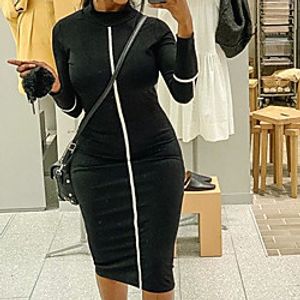 Women's Sheath Dress Midi Dress Black Long Sleeve Striped Print Fall Turtleneck Casual 2021 S M L XL / Cotton miniinthebox