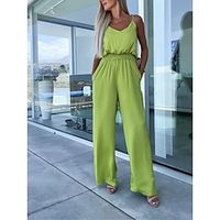 Women's Jumpsuit Backless Solid Color V Neck Holiday Street Daily Regular Fit Spaghetti Strap Green Gray S M L Summer Sleeveless Backless Elastic Waist Pockets Lightinthebox - thumbnail