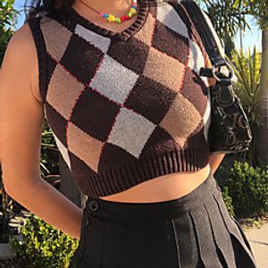 Women's Vest Vintage Style Square Check Active Casual Sleeveless Sweater Cardigans V Neck Fall Spring Blue Gray Green  Holiday Lightinthebox