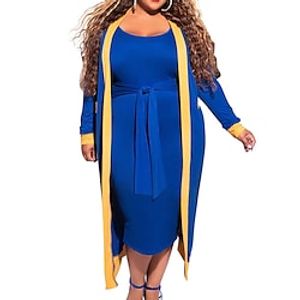 Women's Plus Size Work Dress Striped Crew Neck Long Sleeve Spring Fall Work Midi Dress Daily Vacation Dress Lightinthebox