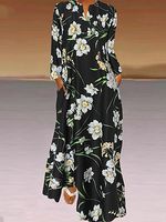 Casual Floral Print V-Neck Long-Sleeve Maxi Dress