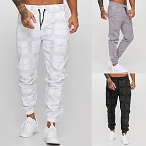 Men's Joggers Trousers Casual Pants Plaid Drawstring Trousers Elastic Waist Print Plaid Geometry Outdoor Sports Full Length Formal Sports Outdoor Streetwear Casual Black White Micro-elastic miniinthebox