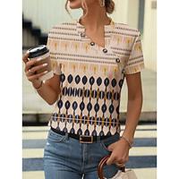 Women's Blouse Geometric Daily Vacation Button Khaki Short Sleeve High Neck Summer Lightinthebox - thumbnail