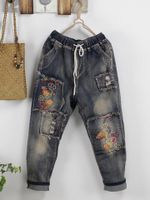 Casual Embroidery Elastic Waist Denim Pants