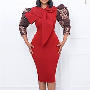 Women's Bodycon Sheath Dress Knee Length Dress Green Blue Red Black 3/4 Length Sleeve Floral Print Fall Winter Crew Neck Stylish Modern Puff Sleeve 2022 S M L XL 2XL 3XL miniinthebox