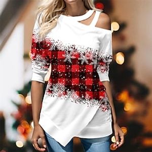 Christmas Shirt Women's Blouse Plaid Snowflake Yellow Red Blue Cut Out Asymmetric Print Long Sleeve Christmas Casual Festival  Holiday Round Neck Regular Fit Spring   Fall Lightinthebox