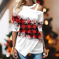 Christmas Shirt Women's Blouse Plaid Snowflake Yellow Red Blue Cut Out Asymmetric Print Long Sleeve Christmas Casual Festival  Holiday Round Neck Regular Fit Spring   Fall Lightinthebox - thumbnail