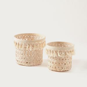 Bamboo 2-Piece Natural Basket with Tassel Detailing Set - 30x30x25 cms