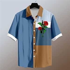 Valentine's Day Rose Plaid  Check Casual Men's Shirt  Festival Summer Turndown Short Sleeve Dark Navy Blue Gray S M Lightinthebox