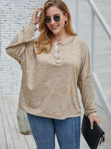 Plus Size Crew Neck Button Design Long Sleeves Tee