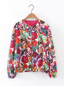 Women Flower Printed Zipper Jacket