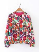 Women Flower Printed Zipper Jacket - thumbnail