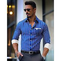 Men's Shirt Button Up Shirt Casual Shirt Summer Shirt Blue Long Sleeve Stripes Lapel Daily Vacation Front Pocket Clothing Apparel Fashion Casual Comfortable Lightinthebox