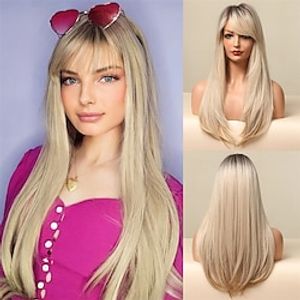 Blonde Ombre Wigs with Bangs Straight Long Hair Wigs Women's Platinum Blonde Heat Resistant Synthetic Natural Looking Wig for Daily Use miniinthebox