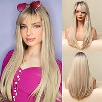 Blonde Ombre Wigs with Bangs Straight Long Hair Wigs Women's Platinum Blonde Heat Resistant Synthetic Natural Looking Wig for Daily Use miniinthebox