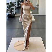 A-Line Evening Gown Elegant Dress Formal Court Train Sleeveless Strapless Satin with Ruched Slit 2023 Lightinthebox - thumbnail