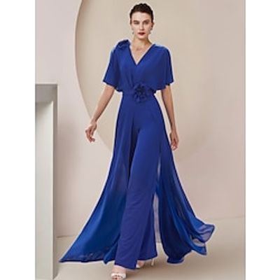 Jumpsuit  Pantsuit Mother of the Bride Dress Wedding Guest Elegant V Neck Ankle Length Chiffon Half Sleeve with Ruching Flower Solid Color 2023 Lightinthebox