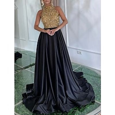 A-Line Evening Gown Elegant Dress Formal Sweep Brush Train Black Dress Sleeveless Jewel Neck Satin with Pleats Sequin 2023 Lightinthebox A-Line Evening Gown Elegant Dress Formal Sweep Brush Train Black Dress Sleeveless Jewel Neck Satin with Pleats Sequin 2023 Lightinthebox