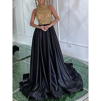 A-Line Evening Gown Elegant Dress Formal Sweep  Brush Train Black Dress Sleeveless Jewel Neck Satin with Pleats Sequin 2023 Lightinthebox - thumbnail