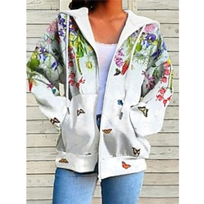 Women's Hoodie Jacket Breathable Comfortable Outdoor Street Sport Print Pocket Drawstring Zipper Hoodie Sports Daily Casual Floral Regular Fit Outerwear Long Sleeve Fall Winter White Yellow Pink S M Lightinthebox