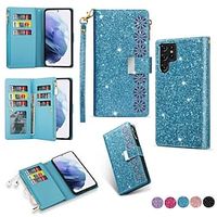 Phone Case For Samsung Galaxy Wallet Card S22 Ultra Plus S21 FE S20 A72 A52 A42 Note 10 Zipper Shockproof with Wrist Strap Solid Colored Glitter Shine PU Leather miniinthebox - thumbnail