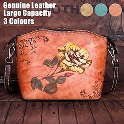 Women's Crossbody Bag Shoulder Bag Hobo Bag Leather Outdoor Daily Holiday Zipper Flower Embossed Large Capacity Waterproof Durable Solid Color Color Block Flower Retro green Retro red brown Retro miniinthebox