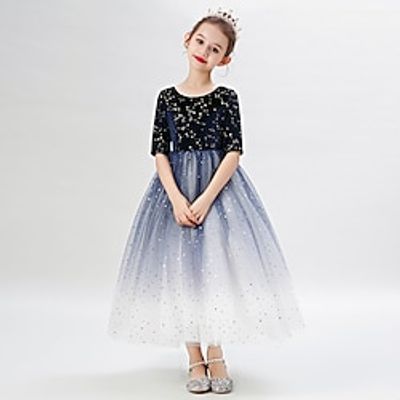 Kids Girls' Party Dress Galaxy Long Sleeve Formal Performance Anniversary Fashion Adorable Princess Cotton Flower Girl's Dress Summer Spring Fall 2-13 Years Black short style Navy V-neck mid-sleeve Lightinthebox