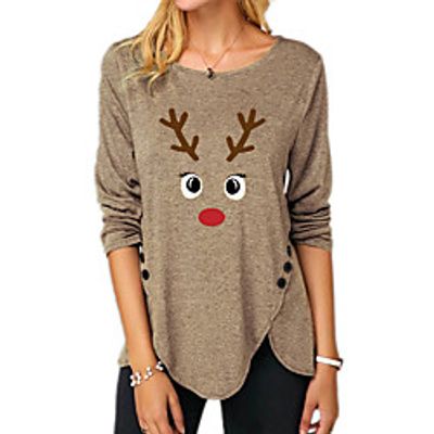 Women's Abstract Painting T shirt Reindeer Button Print Round Neck Basic Tops Blue Purple Black miniinthebox