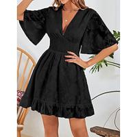 Women's Casual Dress Summer Dress Plain Dress Mini Dress Ruffle Street Date Streetwear V Neck Short Sleeve Black Color Lightinthebox