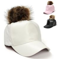 Men Women Fur Pom Ball Leather Adjustable Hat Baseball Cap