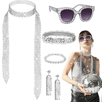 Pack of 5 Disco Accessories 70s Costume Accessories 70s Women's Glitter Jewellery 1970s Retro Party Accessories Women 80s Sequin Tassel Earrings Headband Rhinestone Bracelet Necklace Carnival Lightinthebox