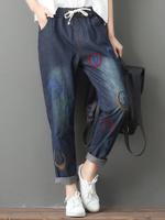 Elastic Waist Embroidery Jeans