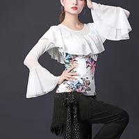 Latin Dance Ballroom Dance Top Printing Ruffles Splicing Women's Performance Training Long Sleeve High Polyester Lightinthebox