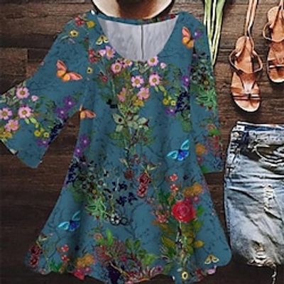 Women's Plus Size Tops Blouse Shirt Floral Print 3/4 Length Sleeve Crewneck Casual Daily Holiday Cotton Spandex Jersey Winter Fall Blue miniinthebox