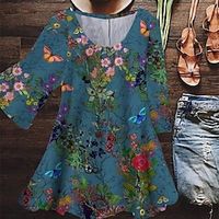 Women's Plus Size Tops Blouse Shirt Floral Print 3/4 Length Sleeve Crewneck Casual Daily Holiday Cotton Spandex Jersey Winter Fall Blue miniinthebox - thumbnail