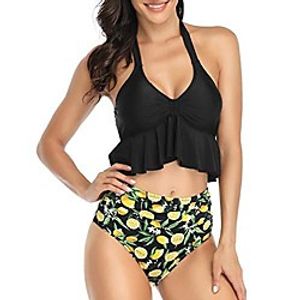 women two piece bathing suit halter ruffled crop bikini top high waisted tankini bottom swimsuit (black, xxl) Lightinthebox