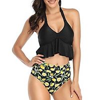 women two piece bathing suit halter ruffled crop bikini top high waisted tankini bottom swimsuit (black, xxl) Lightinthebox - thumbnail