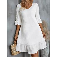 Women's Summer Dress White Lace Dress with Sleeves White Lace Wedding Dress Midi Dress Button Elegant V Neck Short Sleeve White Color Lightinthebox - thumbnail