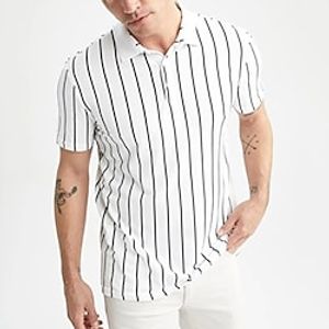 Men's Polo Golf Shirt Business Casual Button Classic Short Sleeve Fashion Basic Striped Vertical Stripes Buckle Summer Regular Fit White Polo Lightinthebox