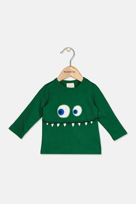 Baby Boys Monster Face Applique T-Shirt  Shifting Green