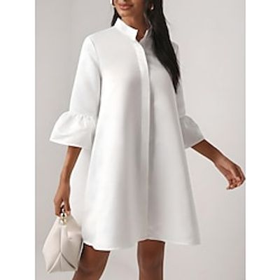 Women's Shirt Dress Casual Dress White Dress Mini Dress Button Street Date Streetwear Basic Shirt Collar 34 Length Sleeve Loose Fit White Color S M L XL XXL Size Lightinthebox
