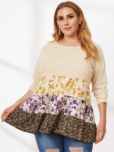 YOINS Plus Size Patchwork Floral Print Long Sleeves Tee