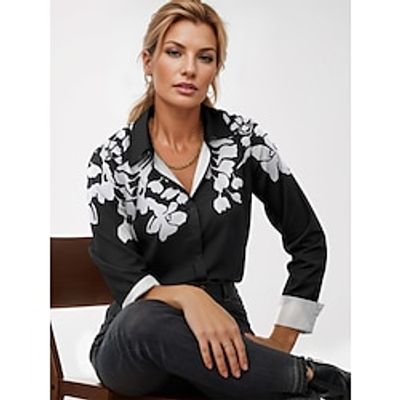 Women's Shirt Blouse Floral Casual Holiday Black Blue Brown Print Button Long Sleeve Fashion Shirt Collar Regular Fit Spring   Fall Lightinthebox