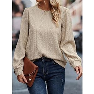 Women's Shirt Blouse Khaki Plain Long Sleeve Casual Basic Round Neck Regular Fit Spring   Fall Lightinthebox