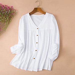 Women's Plus Size Tops Blouse T shirt Tee Plain Button Long Sleeve V Neck Basic Daily Holiday Cotton Fall Winter White Black Lightinthebox