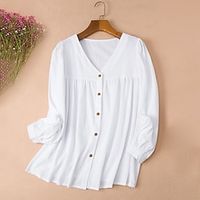 Women's Plus Size Tops Blouse T shirt Tee Plain Button Long Sleeve V Neck Basic Daily Holiday Cotton Fall Winter White Black Lightinthebox - thumbnail