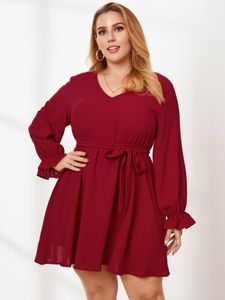 Plus Size V-neck Belt Design Tie-up Design Long Sleeves Mini Dress