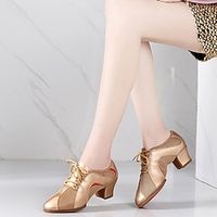 Women's Latin Shoes Practice Trainning Dance Shoes Outdoor ChaCha Lace Up Mesh Split Sole Splicing Thick Heel Light Brown Black miniinthebox - thumbnail
