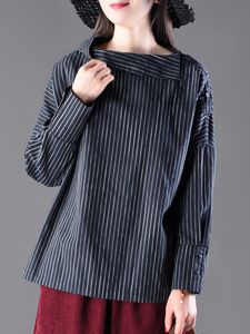 Stripes Irregular Turtleneck Button Long Sleeve Shirt