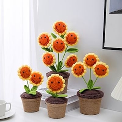 Potted Sunflower Tiered Tray Decor Woven Potted Plant Knitting Sunflower House Accessories for Home Crochet Flower Bouquet Spring Decor Car Accessories Desktop Yarn. Ceramics miniinthebox